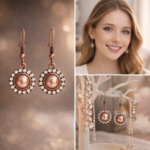 Vintage sparkle,warm copper setting, w/luminous pearl,shimmering rhinestone halo